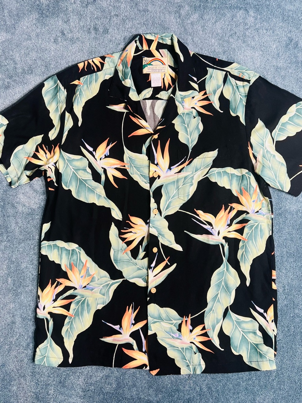 Paradise Found Hawaiian Shirt Men’s Medium Black Bird of Paradise 100% Rayon